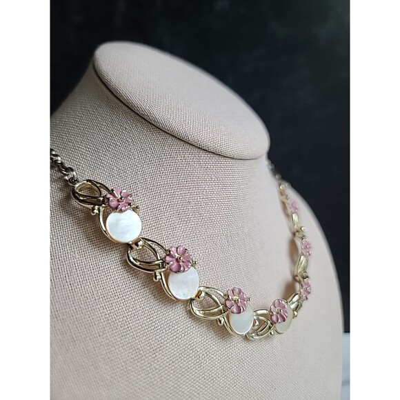 Mother of Pearl Disc Floral Enamel Adjustable Choker Necklace Vintage, READ - Picture 3 of 10